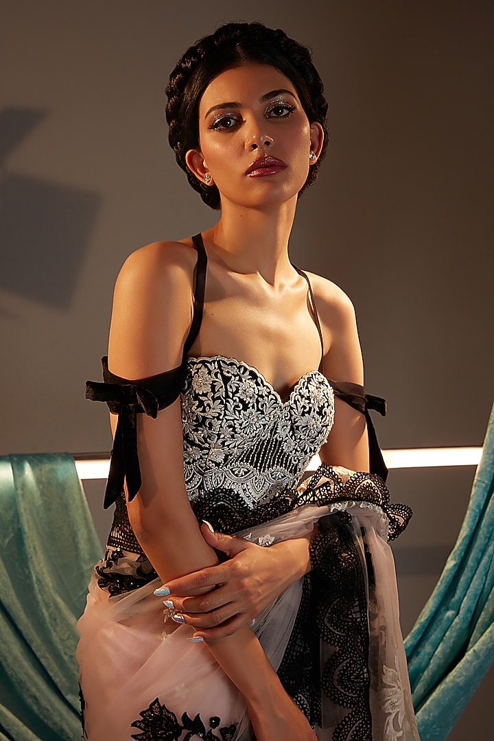 Multi-Colored Tulle Crystal Embroidered Draped Bridal Saree Set by Cherie D at Pernia's Pop Up Shop