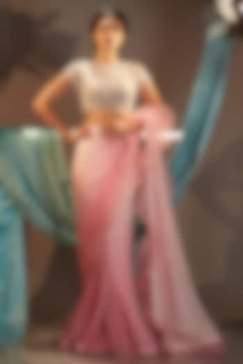 Pink Shaded Chiffon Ruffled Reception Saree Set by Cherie D at Pernia's Pop Up Shop