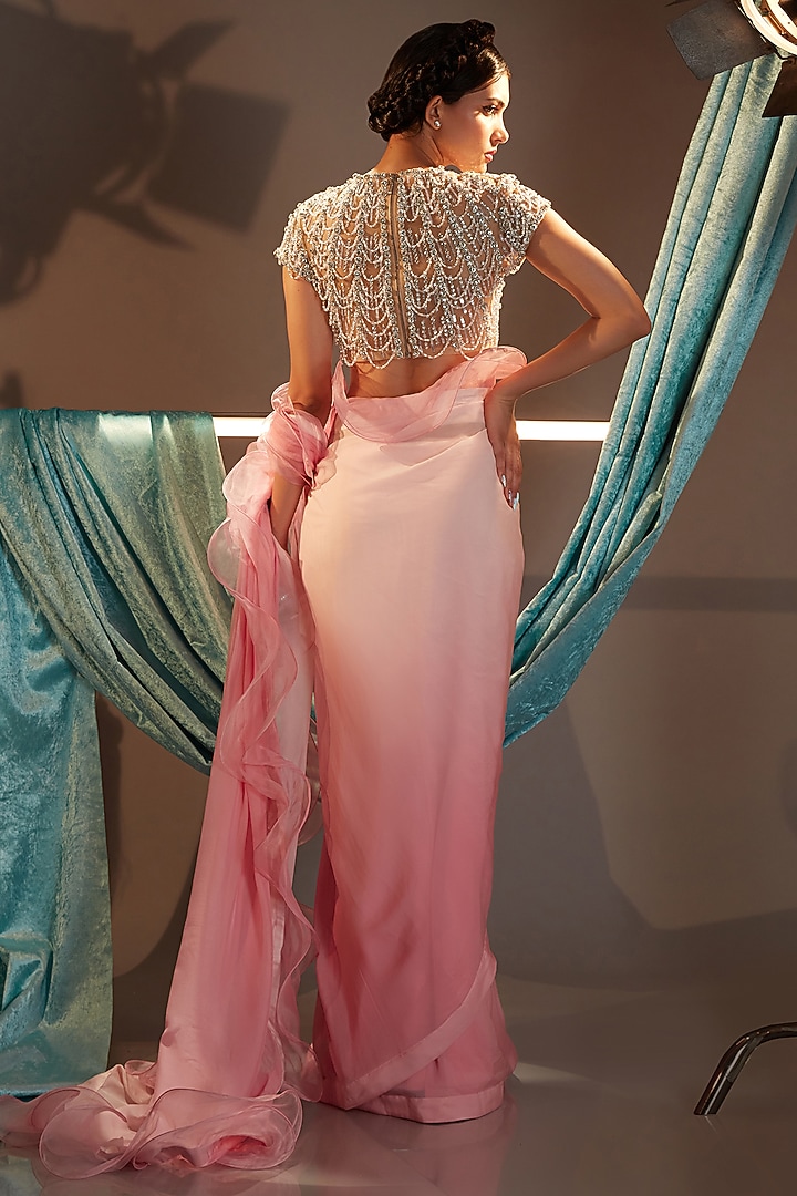 Pink Shaded Chiffon Ruffled Reception Saree Set by Cherie D at Pernia's Pop Up Shop