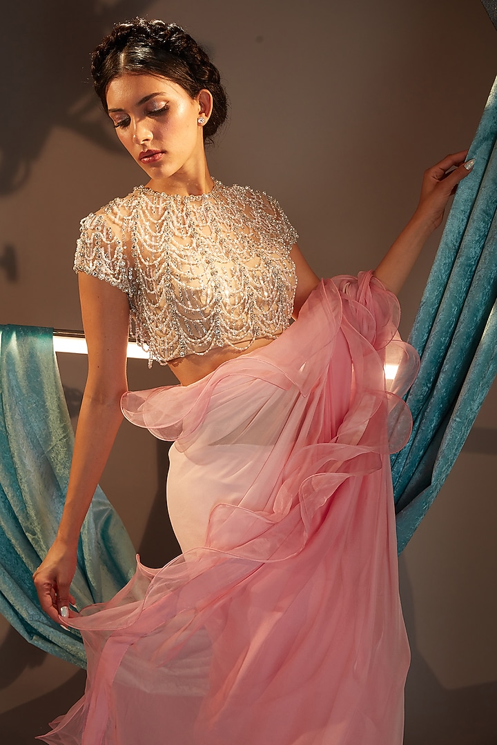 Pink Shaded Chiffon Ruffled Reception Saree Set by Cherie D at Pernia's Pop Up Shop