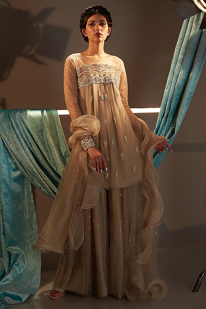 Taupe Tulle Crystal Embroidered Bridal Sharara Set by Cherie D at Pernia's Pop Up Shop