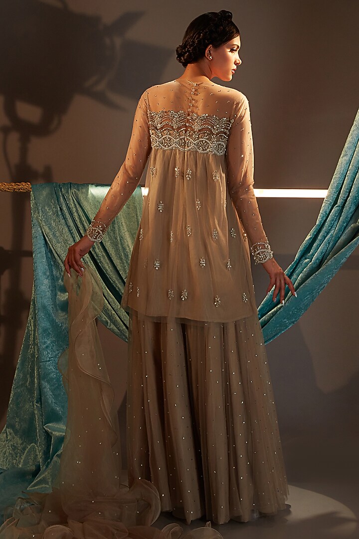 Taupe Tulle Crystal Embroidered Bridal Sharara Set by Cherie D at Pernia's Pop Up Shop