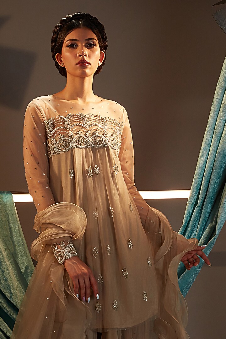 Taupe Tulle Crystal Embroidered Bridal Sharara Set by Cherie D at Pernia's Pop Up Shop