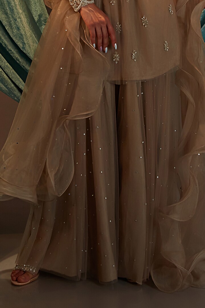 Taupe Tulle Crystal Embroidered Bridal Sharara Set by Cherie D at Pernia's Pop Up Shop