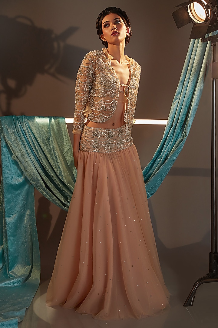 Pink & Nude Tulle Crystal Embroidered Jacket Bridal Lehenga Set by Cherie D at Pernia's Pop Up Shop