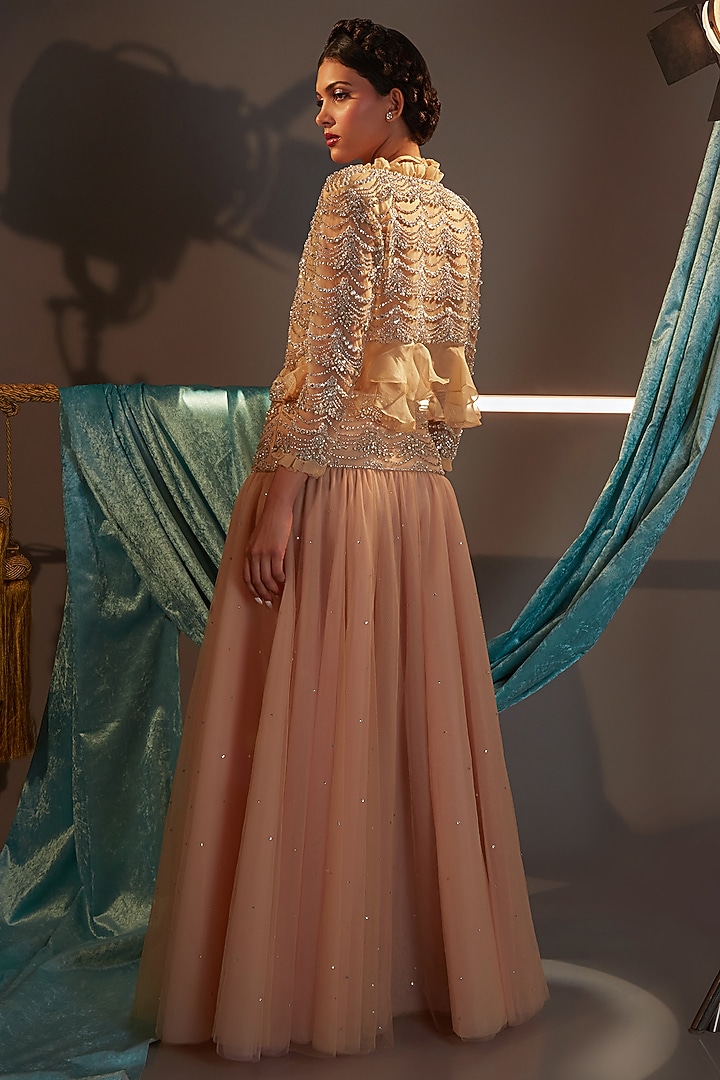 Pink & Nude Tulle Crystal Embroidered Jacket Bridal Lehenga Set by Cherie D at Pernia's Pop Up Shop