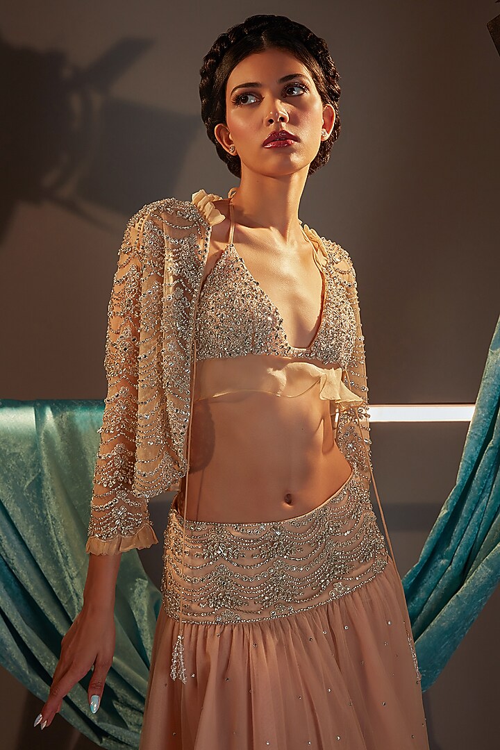 Pink & Nude Tulle Crystal Embroidered Jacket Bridal Lehenga Set by Cherie D at Pernia's Pop Up Shop