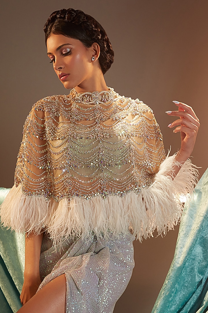 Nude Tulle Crystal Embroidered Cape Set by Cherie D at Pernia's Pop Up Shop