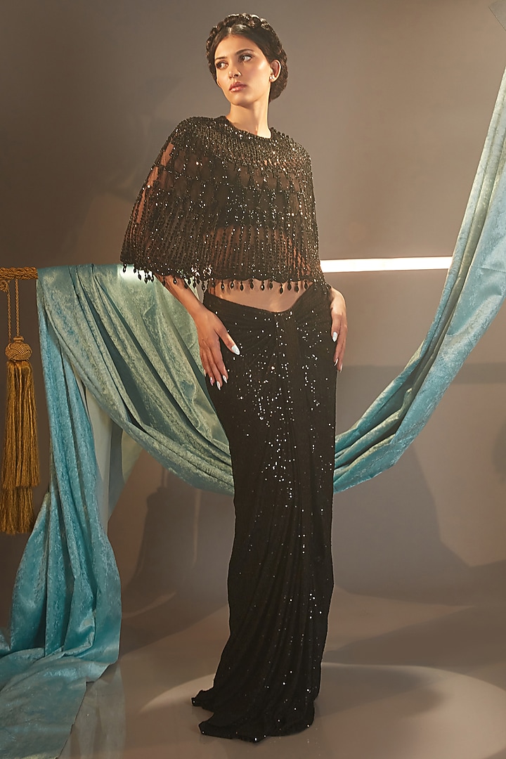 Black Tulle Crystal Embroidered Cape Set by Cherie D at Pernia's Pop Up Shop
