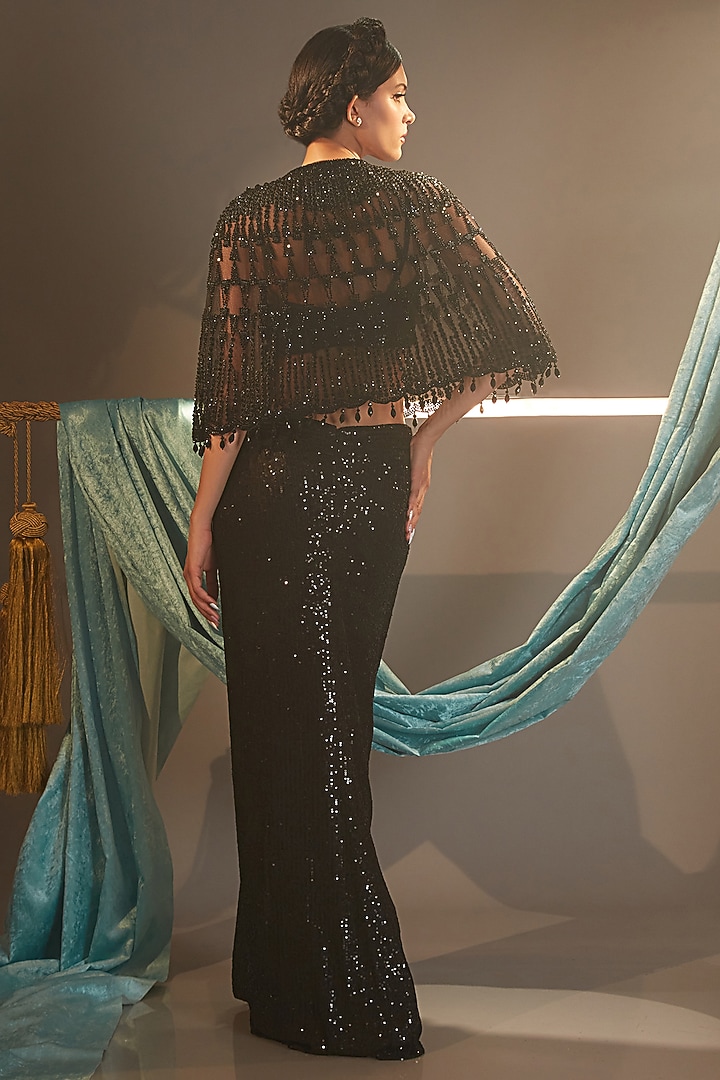 Black Tulle Crystal Embroidered Cape Set by Cherie D at Pernia's Pop Up Shop