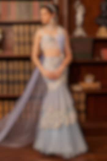 Blue Tulle Floral Thread Embroidered Tiered Skirt Bridal Saree Set by Cherie D at Pernia's Pop Up Shop