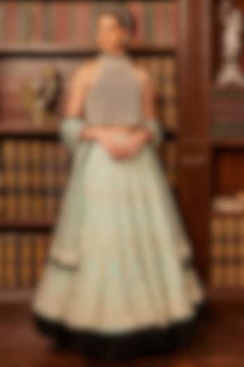 Tiffany Blue & Ivory Tulle Threadwork Embroidered Lehenga Set by Cherie D at Pernia's Pop Up Shop