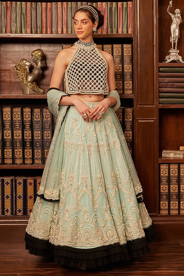 Tiffany Blue & Ivory Tulle Threadwork Embroidered Lehenga Set by Cherie D at Pernia's Pop Up Shop