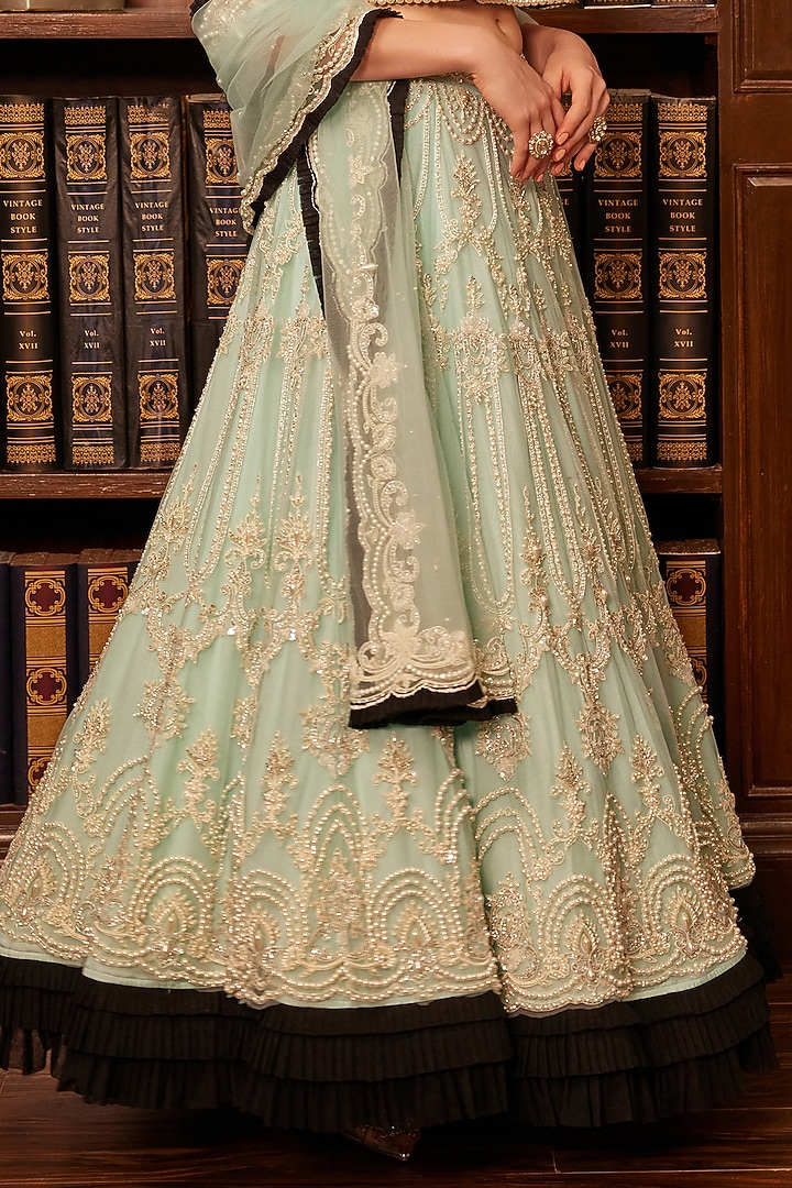 Tiffany Blue & Ivory Tulle Threadwork Embroidered Lehenga Set by Cherie D at Pernia's Pop Up Shop