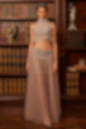 Grey Tulle Floral Embroidered Sheer Bridal Lehenga Set by Cherie D at Pernia's Pop Up Shop