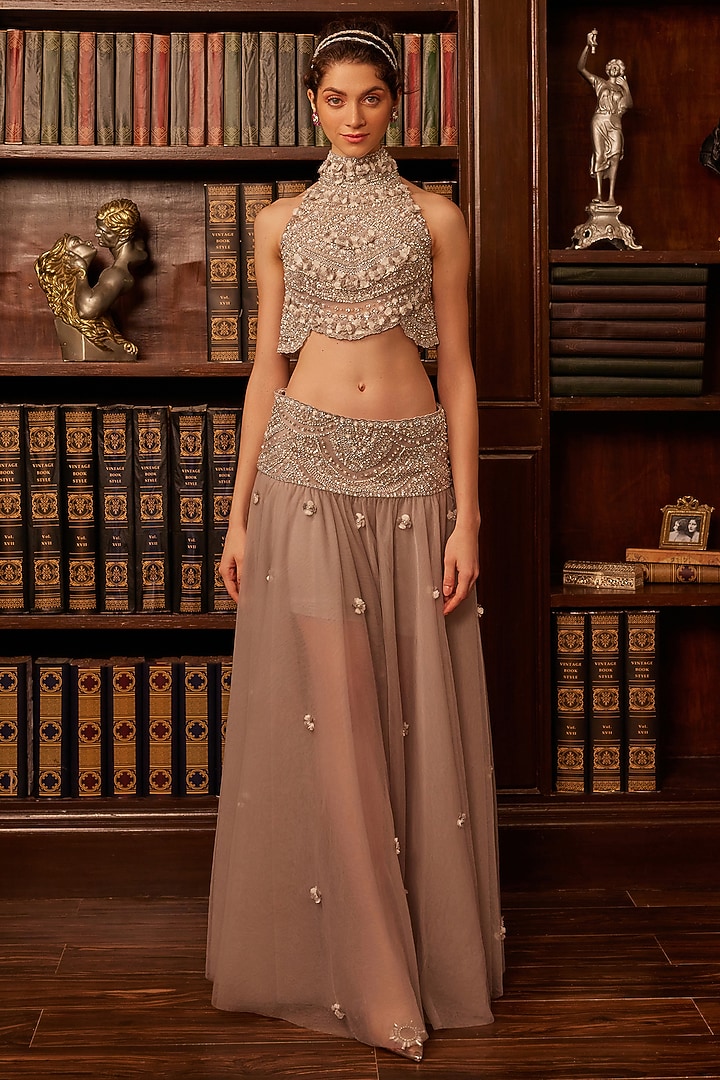 Grey Tulle Floral Embroidered Sheer Bridal Lehenga Set by Cherie D at Pernia's Pop Up Shop