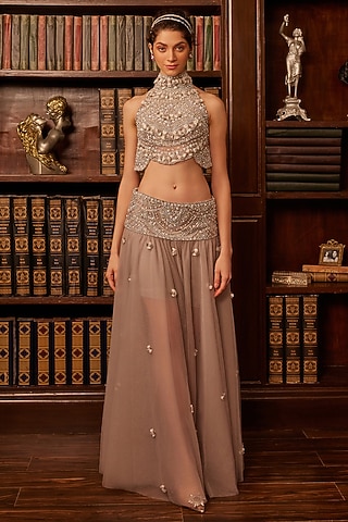 Grey Tulle Floral Embroidered Sheer Lehenga Set by Cherie D