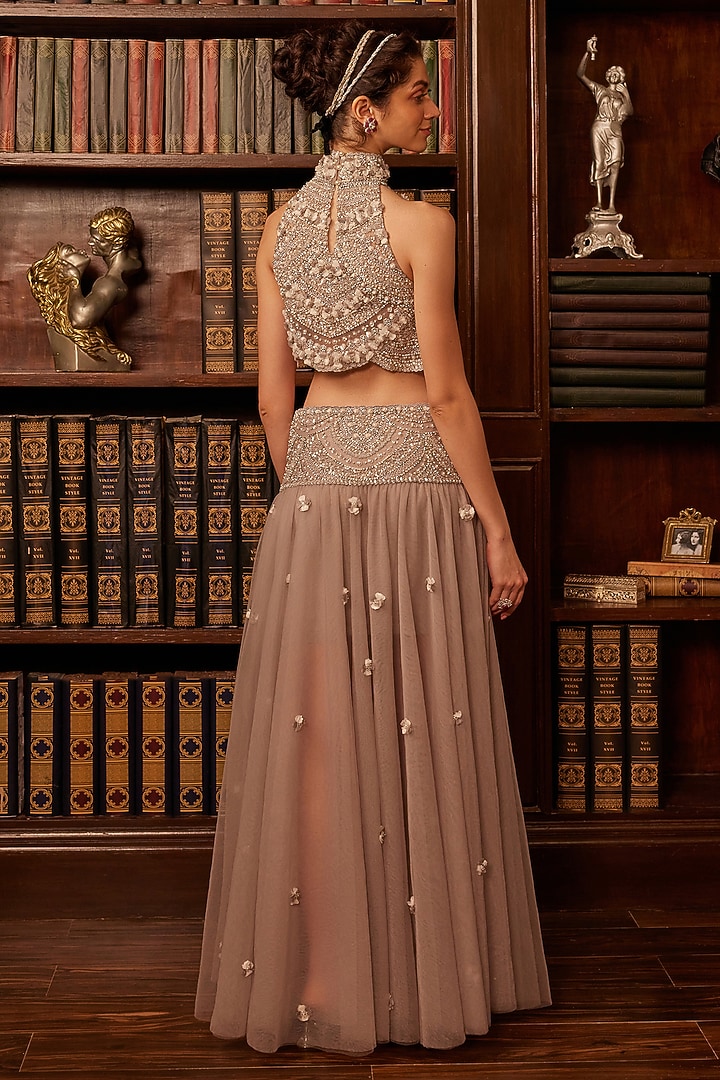 Grey Tulle Floral Embroidered Sheer Bridal Lehenga Set by Cherie D at Pernia's Pop Up Shop