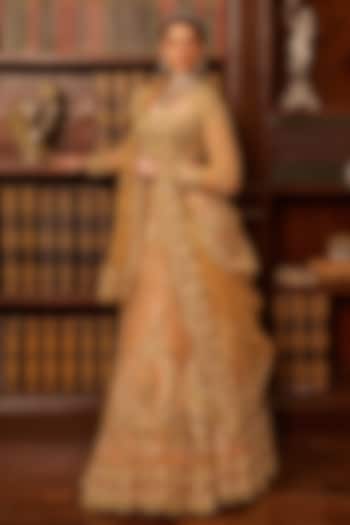 Mustard & Green Tulle Threadwork Embroidered Bridal Lehenga Set by Cherie D at Pernia's Pop Up Shop