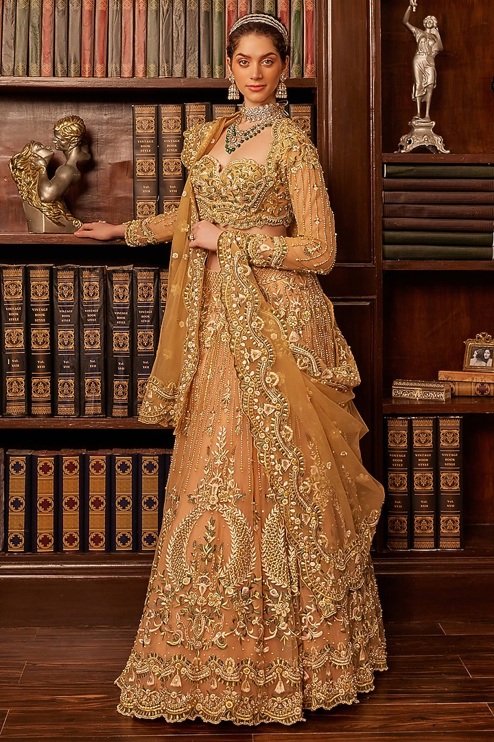 Mustard & Green Tulle Threadwork Embroidered Bridal Lehenga Set by Cherie D at Pernia's Pop Up Shop