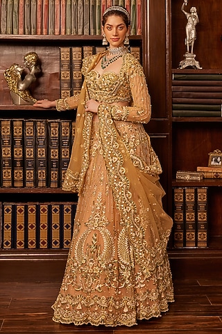 Mustard & Green Tulle Threadwork Embroidered Lehenga Set by Cherie D