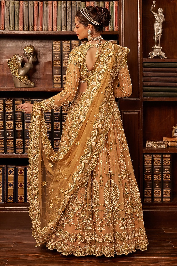 Mustard & Green Tulle Threadwork Embroidered Bridal Lehenga Set by Cherie D at Pernia's Pop Up Shop