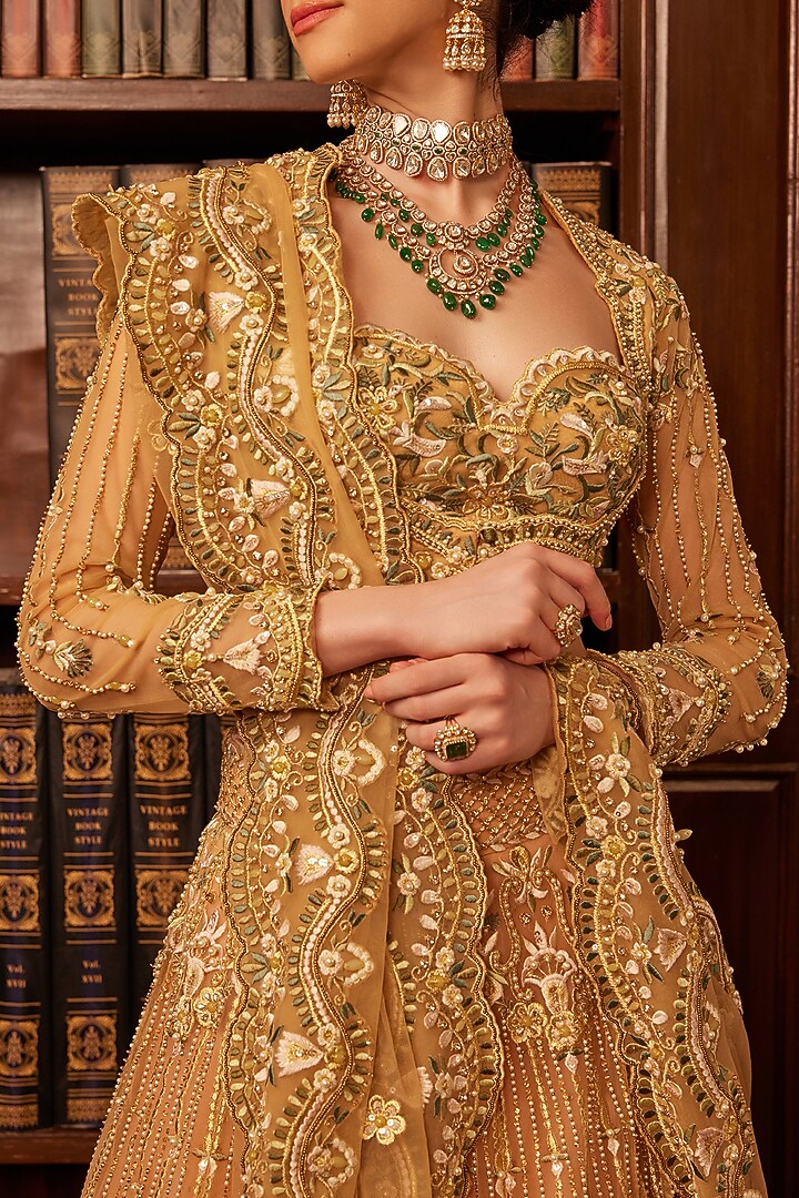 Mustard & Green Tulle Threadwork Embroidered Bridal Lehenga Set by Cherie D at Pernia's Pop Up Shop