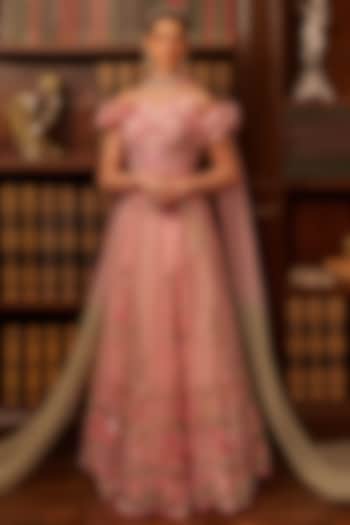 Pink Tulle Sequins Embroidered Bridal Lehenga Set by Cherie D at Pernia's Pop Up Shop