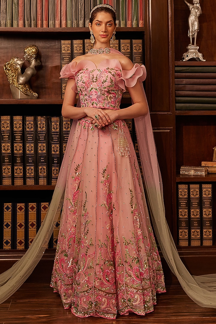 Pink Tulle Sequins Embroidered Bridal Lehenga Set by Cherie D at Pernia's Pop Up Shop
