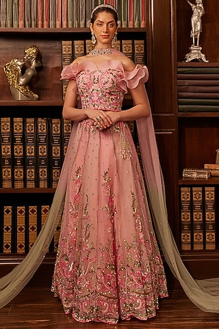 Pink Tulle Sequins Embroidered Lehenga Set by Cherie D