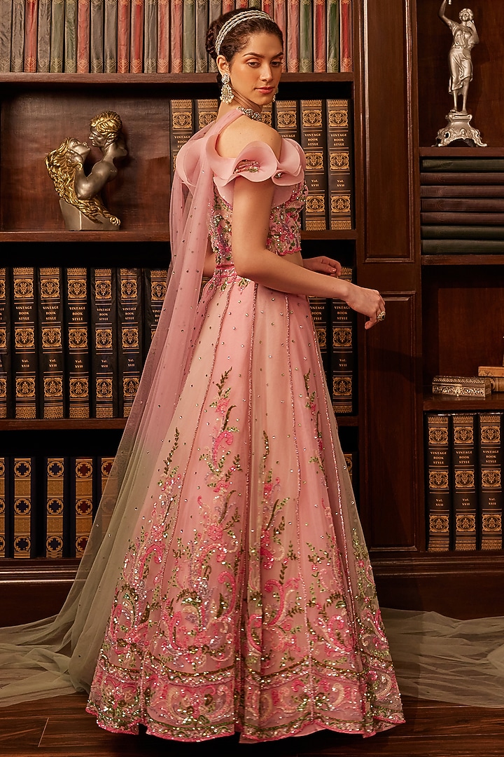 Pink Tulle Sequins Embroidered Bridal Lehenga Set by Cherie D at Pernia's Pop Up Shop