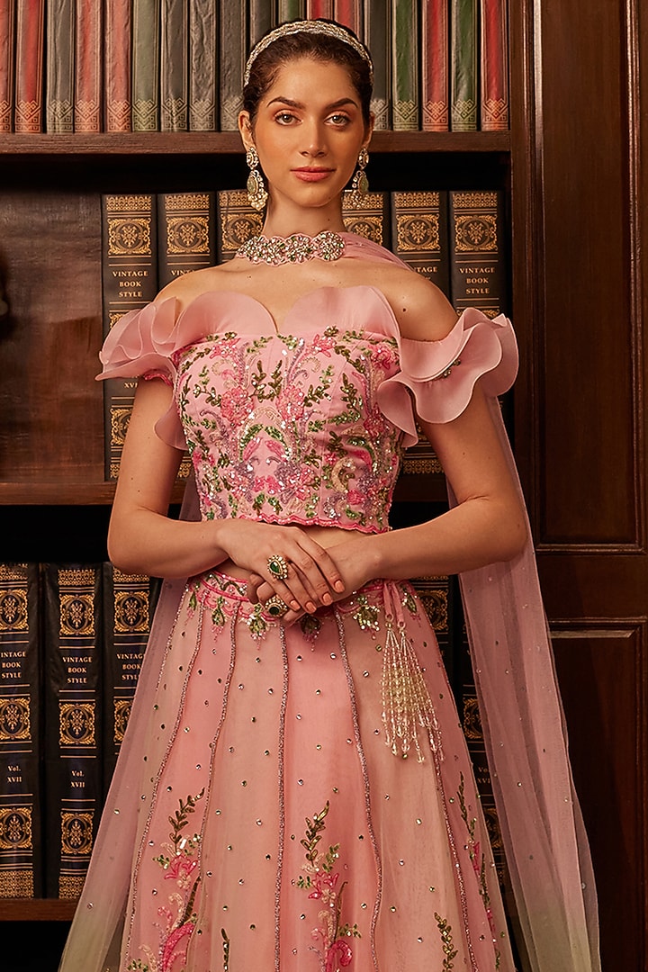 Pink Tulle Sequins Embroidered Bridal Lehenga Set by Cherie D at Pernia's Pop Up Shop