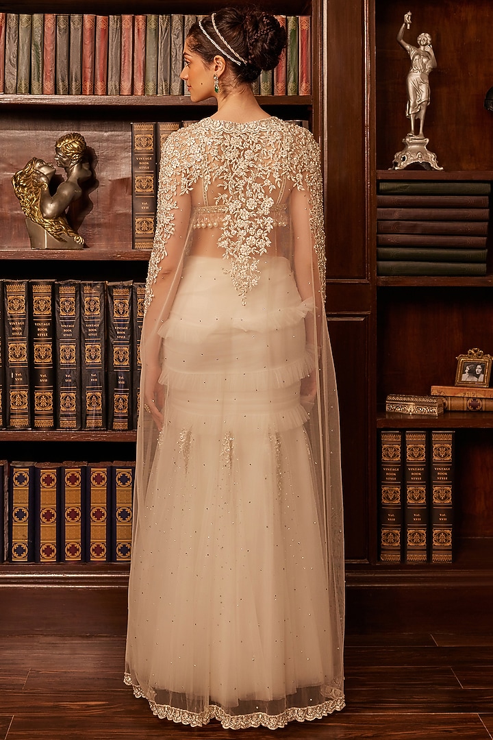 Ivory Tulle Crystal Embellished Jacket Bridal Lehenga Set by Cherie D at Pernia's Pop Up Shop