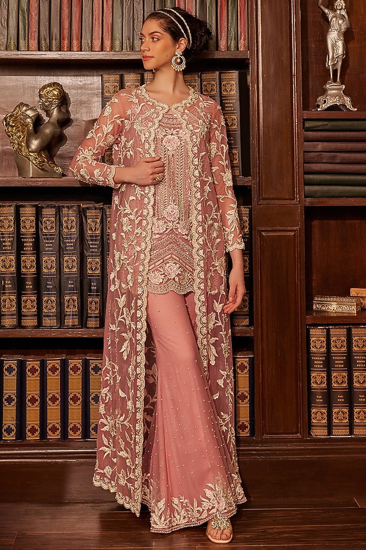Pink Tulle Embellished Bridal Sharara Set by Cherie D at Pernia's Pop Up Shop