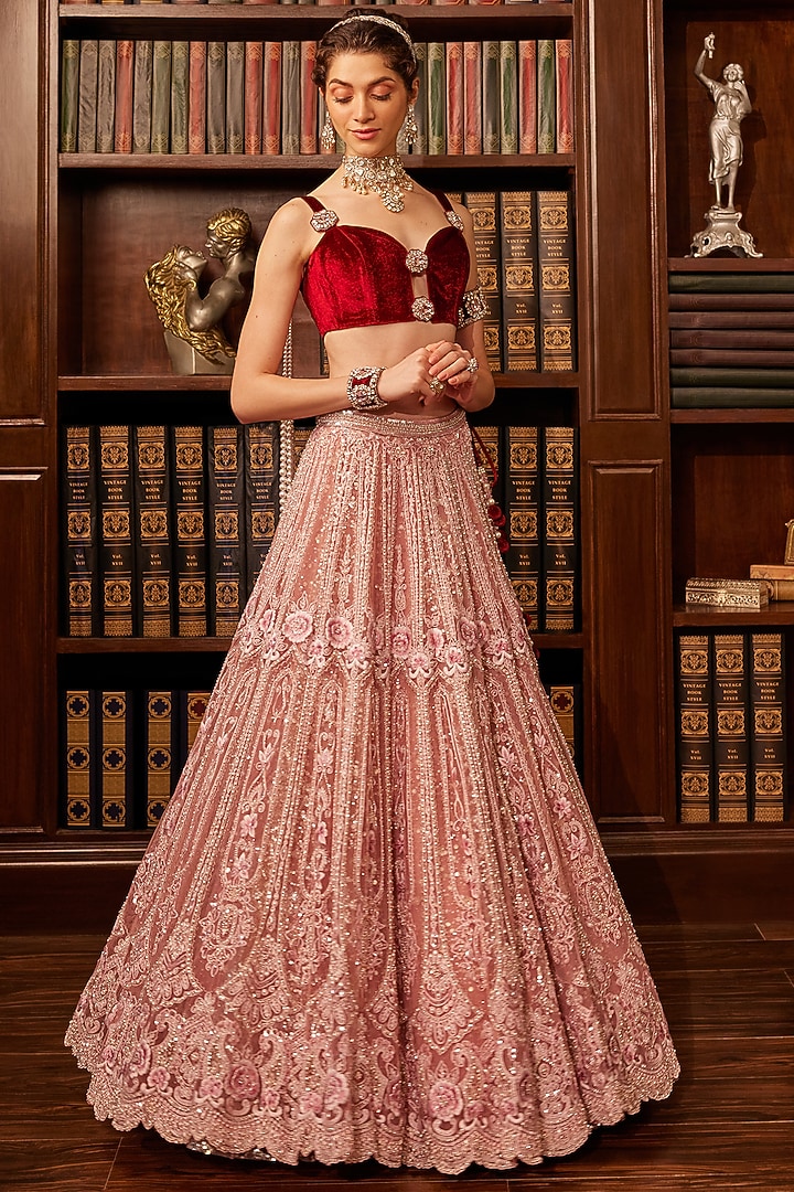 Pink Tulle Sequins Embellished Bridal Lehenga Set by Cherie D at Pernia's Pop Up Shop