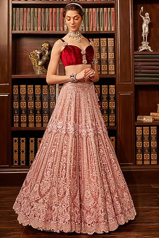 Pink Tulle Sequins Embellished Lehenga Set by Cherie D