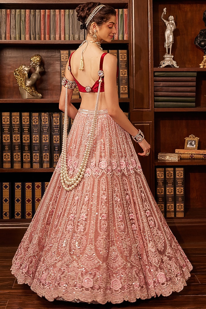 Pink Tulle Sequins Embellished Bridal Lehenga Set by Cherie D at Pernia's Pop Up Shop