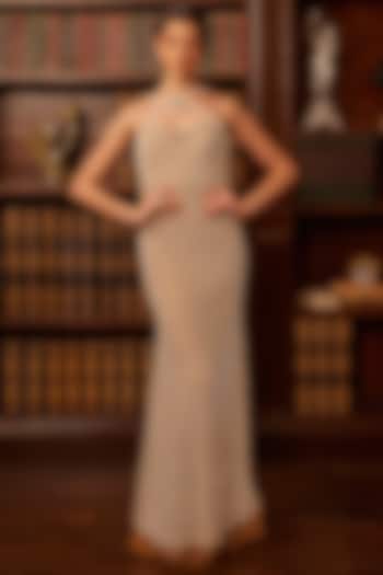 Nude Tulle Pearl Embroidered Bridal Gown by Cherie D at Pernia's Pop Up Shop