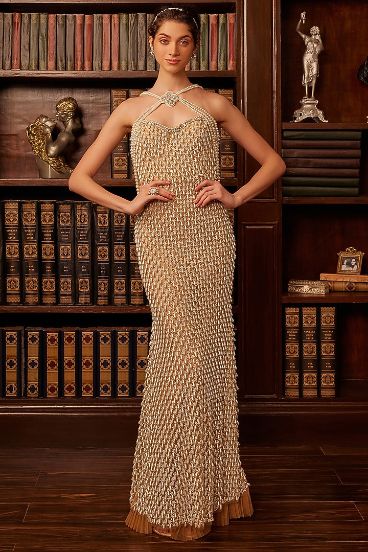 Nude Tulle Pearl Embroidered Bridal Gown by Cherie D at Pernia's Pop Up Shop