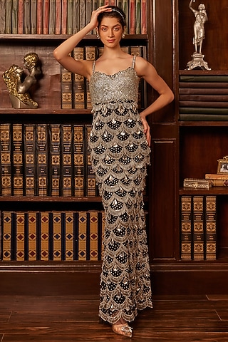 Silver & Black Tulle Crystal Embroidered Gown by Cherie D