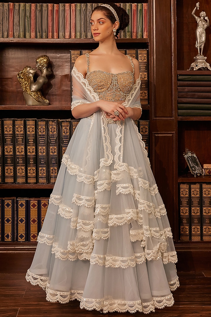 Blue & Ivory Tulle Sequins Embellished Bridal Lehenga Set by Cherie D at Pernia's Pop Up Shop