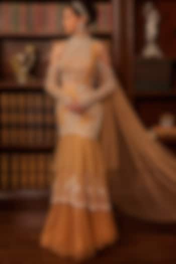 Nude Tulle Floral Aari work Tiered Draped Bridal Saree Set by Cherie D at Pernia's Pop Up Shop