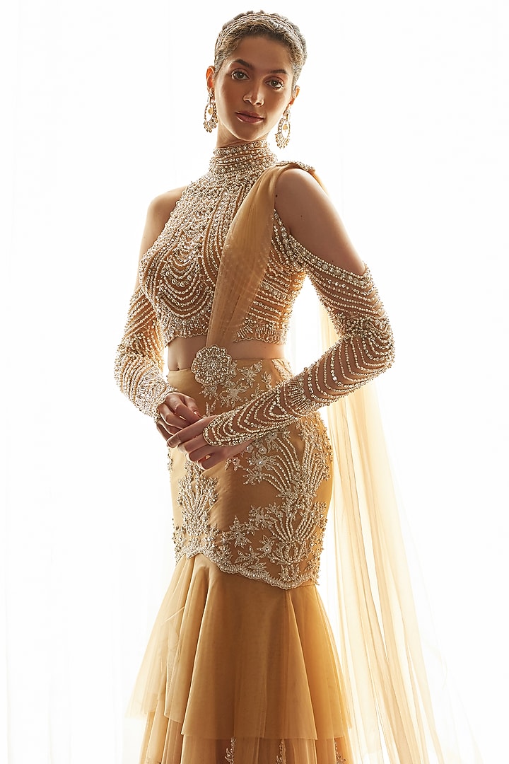 Nude Tulle Floral Aari work Tiered Draped Bridal Saree Set by Cherie D at Pernia's Pop Up Shop