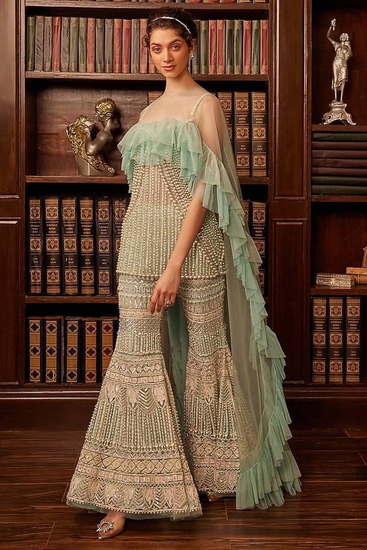 Tiffany Blue & Ivory Tulle Threadwork Embroidered Bridal Sharara Set by Cherie D at Pernia's Pop Up Shop