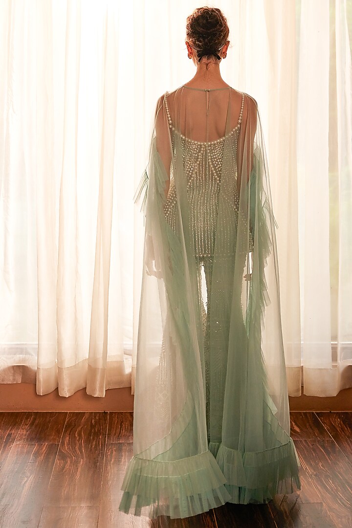 Tiffany Blue & Ivory Tulle Threadwork Embroidered Bridal Sharara Set by Cherie D at Pernia's Pop Up Shop