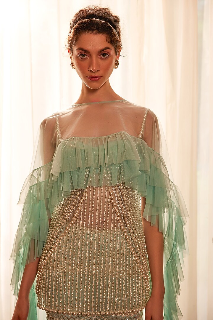 Tiffany Blue & Ivory Tulle Threadwork Embroidered Bridal Sharara Set by Cherie D at Pernia's Pop Up Shop