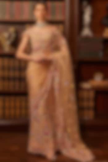 Nude Tulle Threadwork Embroidered Concept Bridal Saree Set by Cherie D at Pernia's Pop Up Shop