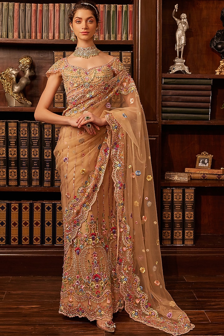 Nude Tulle Threadwork Embroidered Concept Bridal Saree Set by Cherie D at Pernia's Pop Up Shop