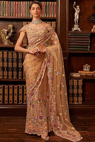 Nude Tulle Threadwork Embroidered Concept Saree Set by Cherie D
