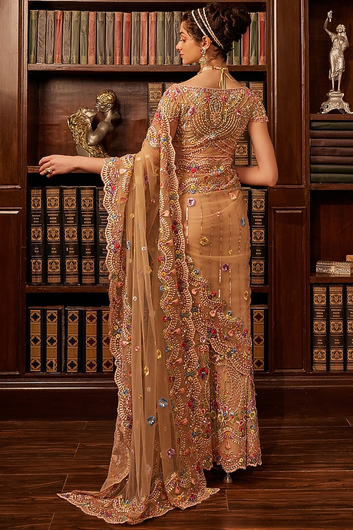 Nude Tulle Threadwork Embroidered Concept Bridal Saree Set by Cherie D at Pernia's Pop Up Shop